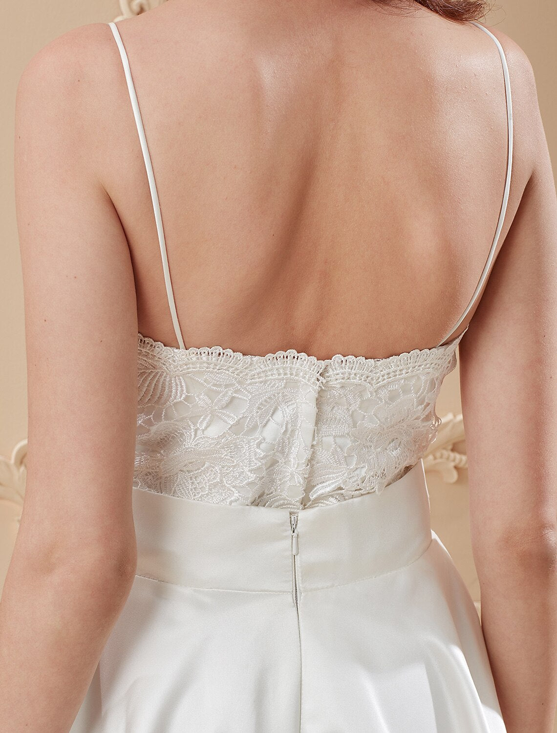 A-Line / Princess Spaghetti Strap Ankle Length Satin / Corded Lace Made-To-Measure Wedding Dresses with Appliques / Sashes / Ribbons / Open Back