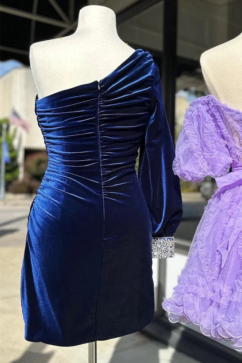 Velvet One-Sleeve Short Cocktail Dress