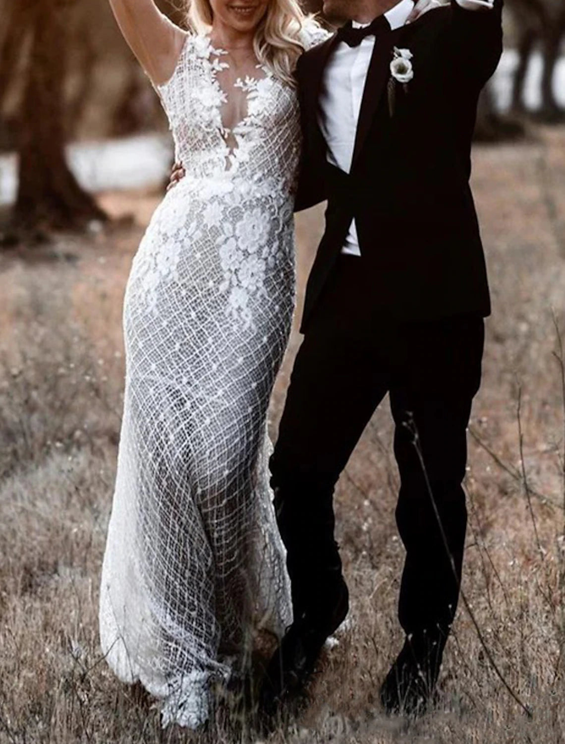 Beach Open Back Boho Wedding Dresses Sheath / Column V Neck Cap Sleeve Court Train Lace Bridal Gowns With Appliques Solid Color