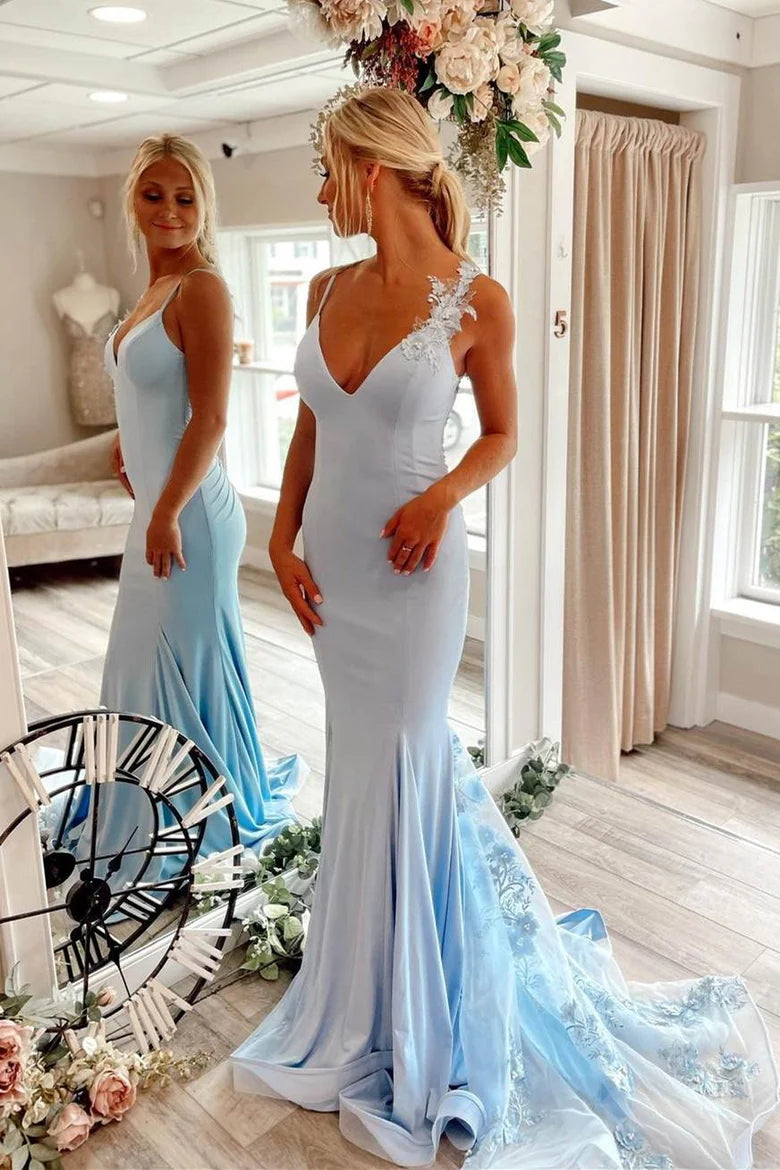 Light Blue Plunge Long Formal Dress