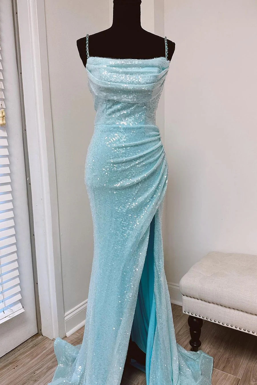 Sequin Cowl Neck Backless Mermaid Long Dress with Slit