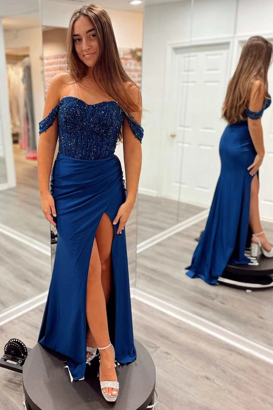 Beaded Satin Off-the-Shoulder Long Prom Dress with Slit