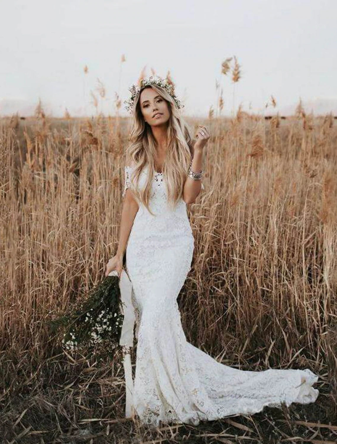 Beach Boho Wedding Dresses Mermaid / Trumpet Off Shoulder Cap Sleeve Chapel Train Lace Bridal Gowns With Appliques Solid Color 2023 Summer Wedding Party