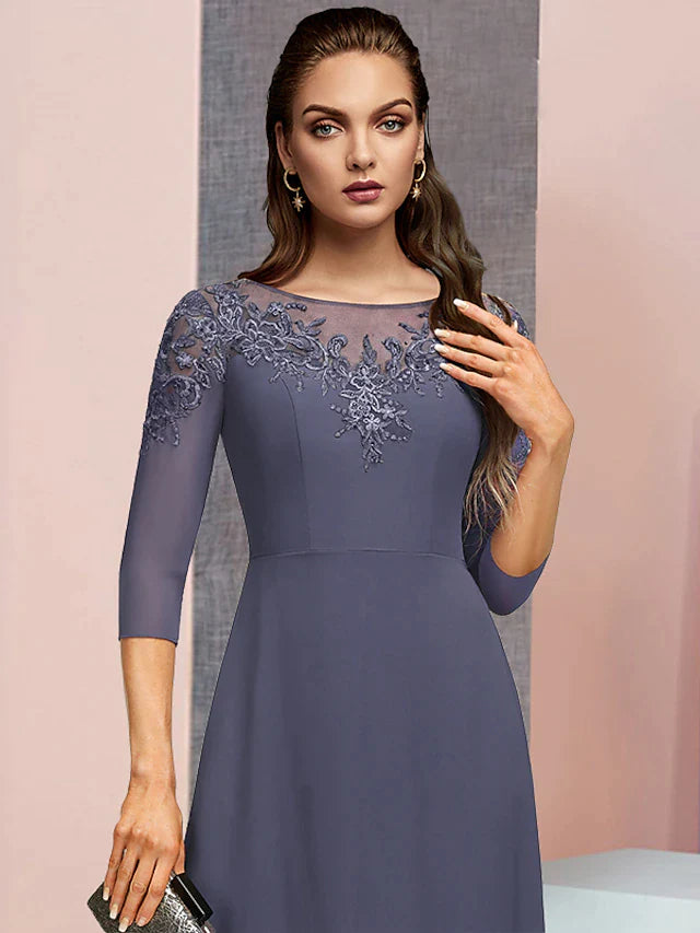 A-Line Mother of the Bride Dress Formal Elegant Jewel Neck Floor Length Chiffon Lace 3/4 Length Sleeve with Sequin Appliques