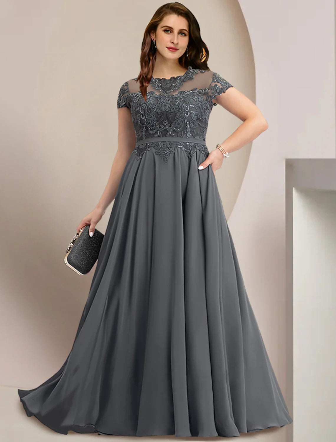 DingjiMother of the Bride Dresses Plus Size Curve Hide Belly Wedding Guest Party Elegant Jewel Neck Floor Length Chiffon Lace Short Sleeve with Pleats Sequin