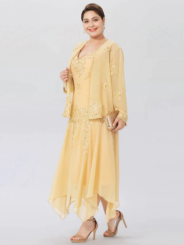 A-Line Mother of the Bride Dress Formal Plus Size Elegant High Low V Neck Asymmetrical Chiffon Beaded Lace Long Sleeve Wrap Included with Beading Appliques