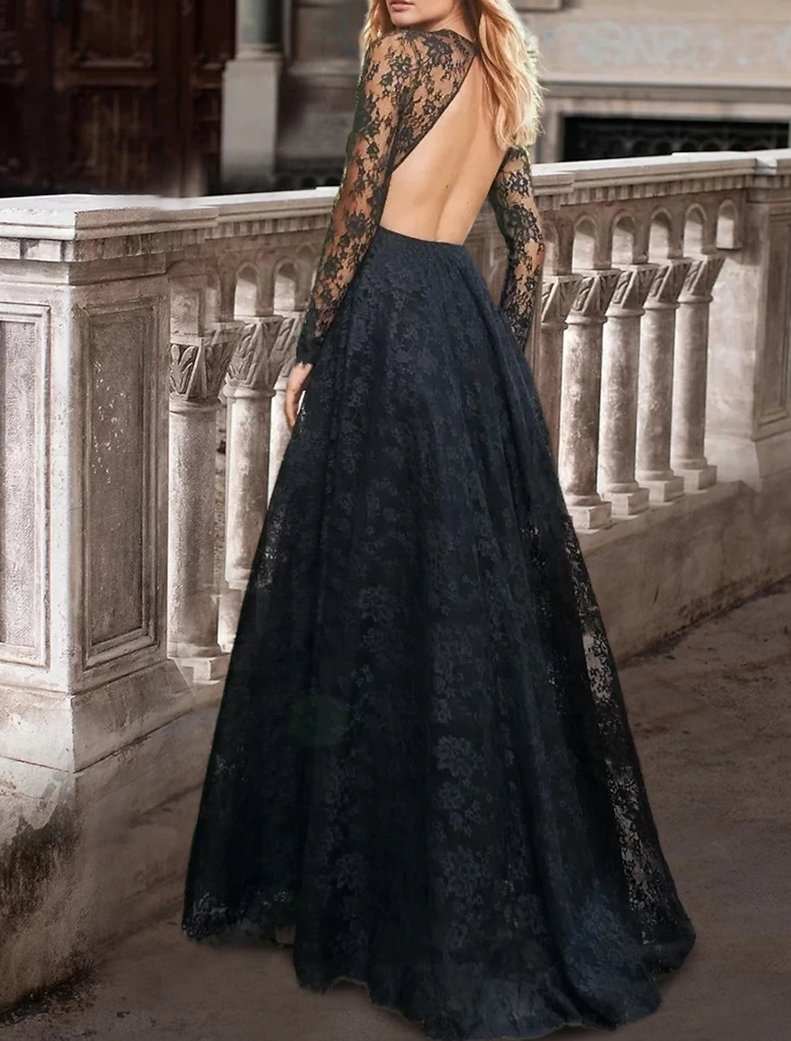 Black Wedding Dresses Party Formal A-Line Scoop Neck Long Sleeve Sweep / Brush Train Lace Gothi Fall Halloween Bachelorette Bridal Gowns With Pleats