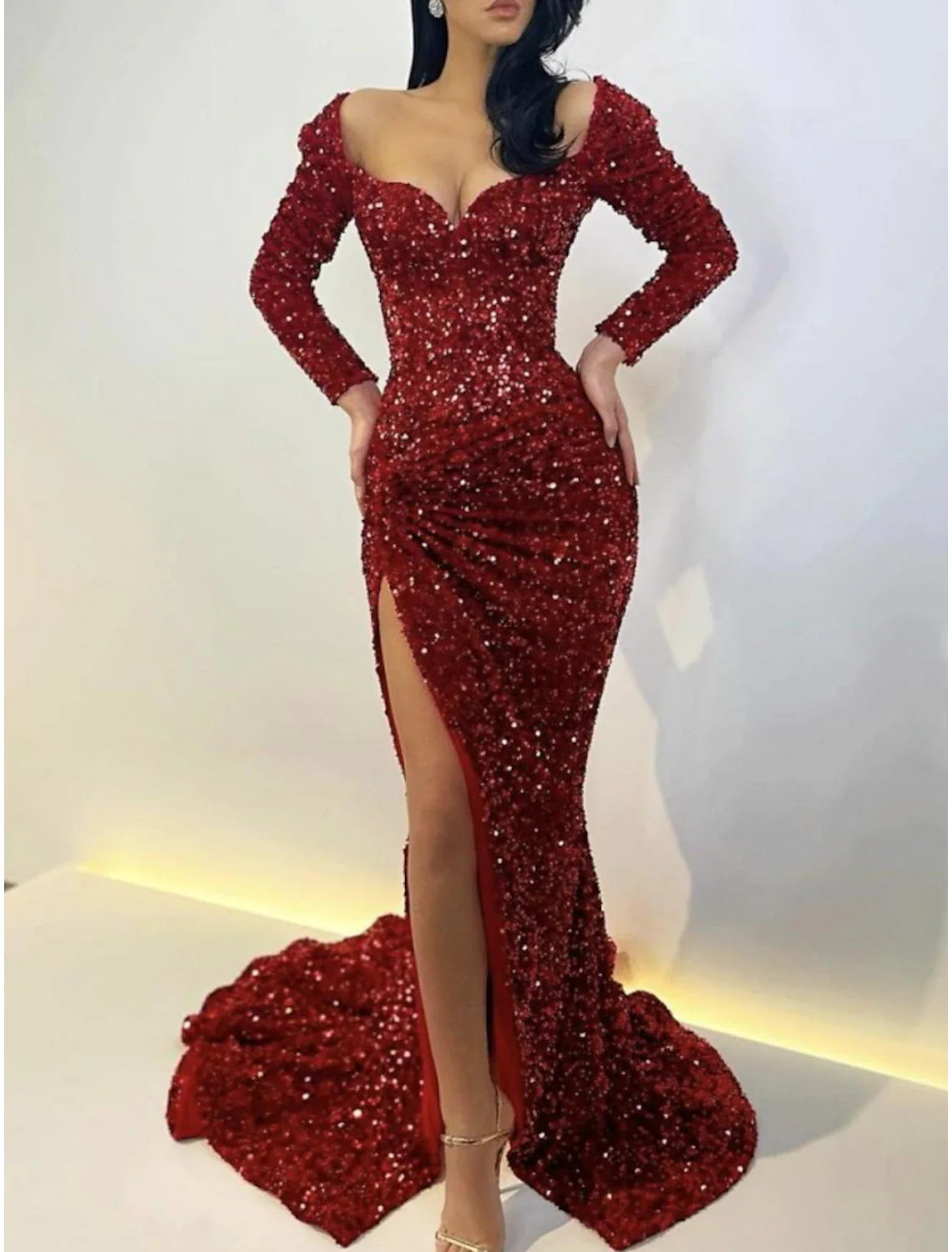 DingjiMermaid / Trumpet Evening Gown Sparkle Dress Wedding Guest Formal Evening Sweep / Brush Train Long Sleeve Scoop Neck Sequined with Sequin Slit