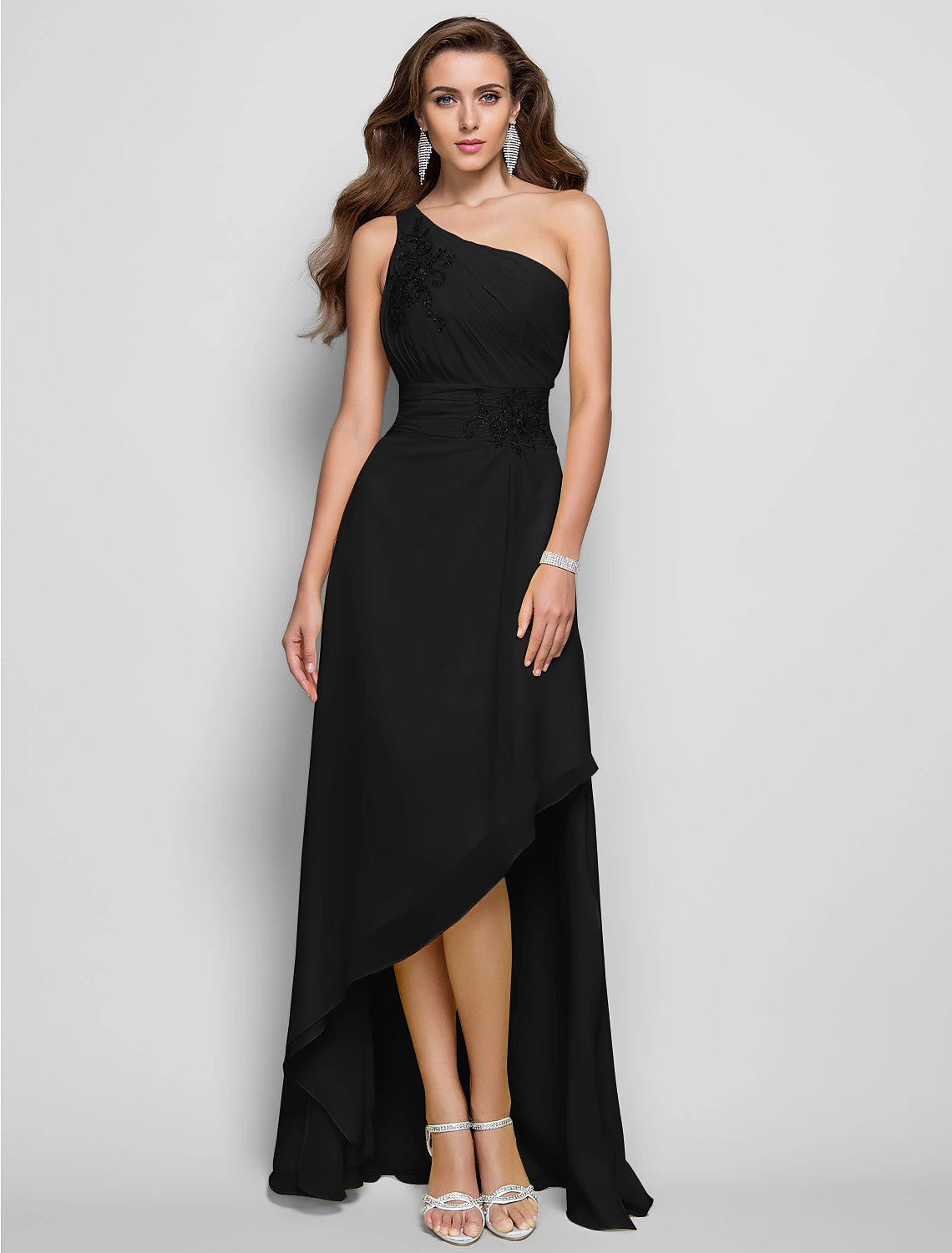 Sheath / Column Elegant Dress Wedding Guest Asymmetrical Sleeveless One Shoulder Chiffon with Beading Slit Appliques