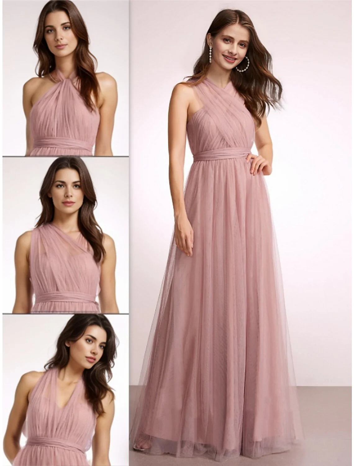 DingjiA-Line Bridesmaid Dress Halter Neck Sleeveless Elegant Floor Length Tulle with Ruching
