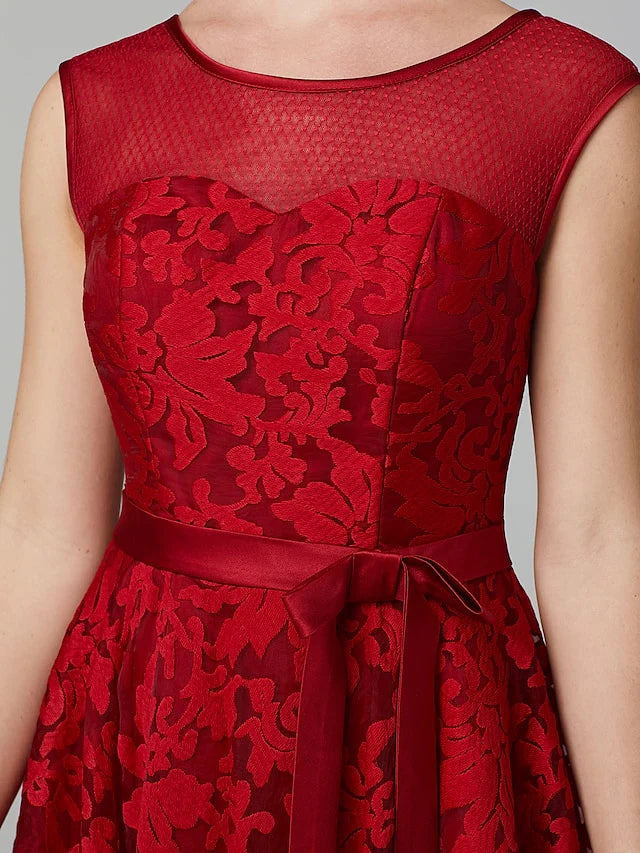 DingjiA-Line Elegant Dress Cocktail Party Tea Length Sleeveless Illusion Neck All Over Floral Lace with Pleats