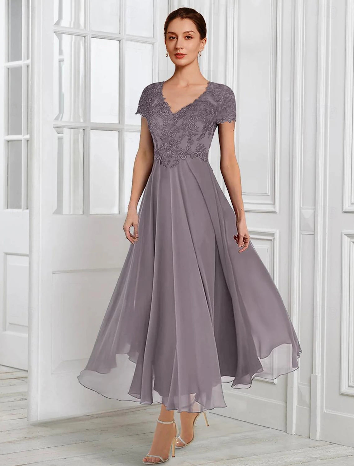 Two Piece A-Line Mother of the Bride Dress Formal Wedding Guest Elegant V Neck Tea Length Chiffon Lace Short Sleeve Jacket Dresses with Pleats Appliques