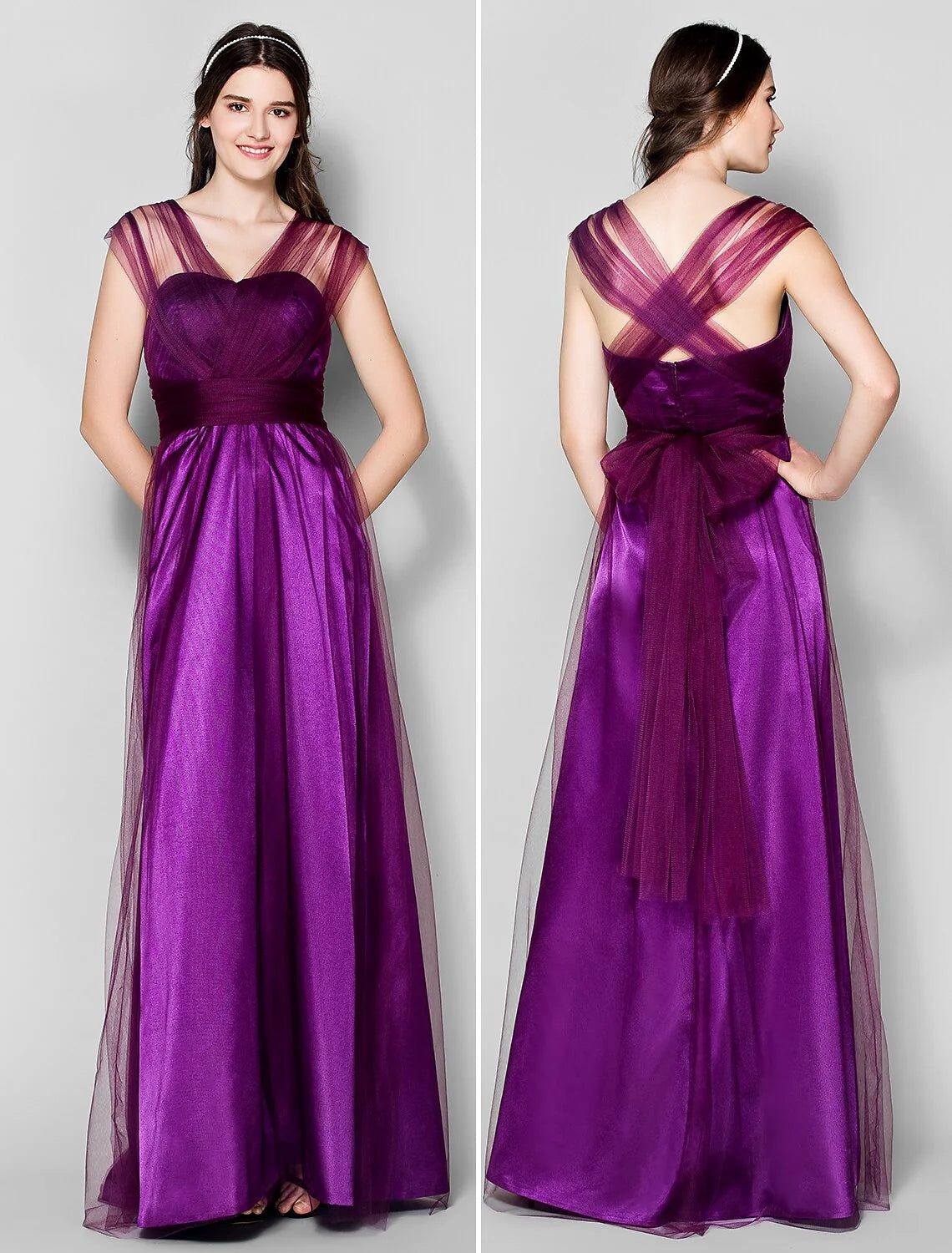 DingjiA-Line Bridesmaid Dress Straps Sleeveless Convertible Dress Floor Length Tulle with Ruched / Side Draping