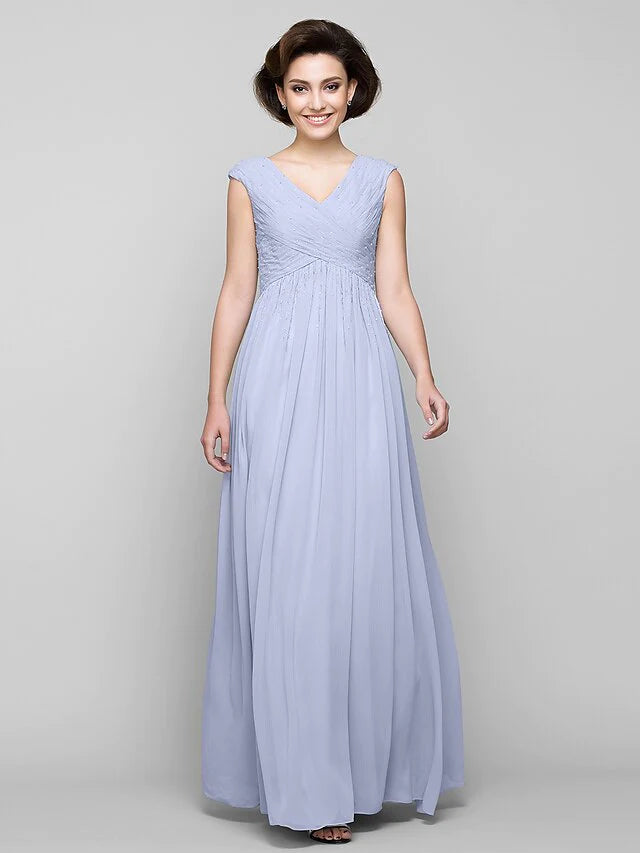 DingjiA-Line Mother of the Bride Dress Elegant V Neck Floor Length Chiffon Sleeveless with Criss Cross Beading