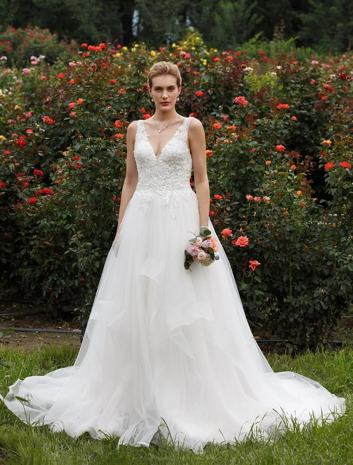 DingjiHall Wedding Dresses Princess Plunging Neck Sleeveless Chapel Train Tulle Bridal Gowns With Sequi