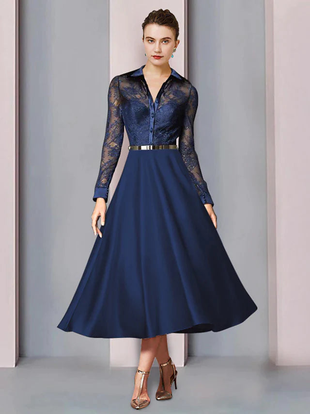 A-Line Mother of the Bride Dress Wedding Guest Elegant Shirt Collar Tea Length Satin Lace Long Sleeve with Pleats