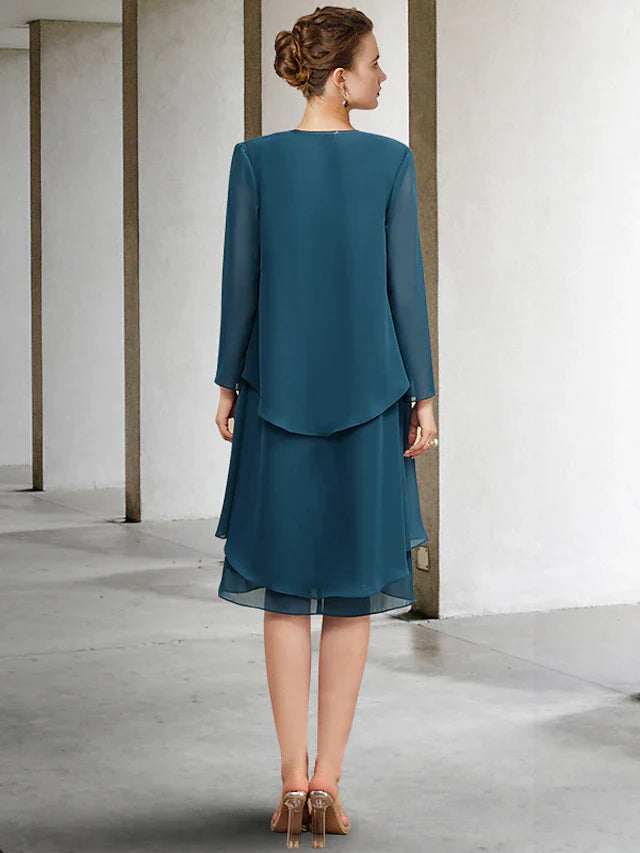 DingjiTwo Piece Sheath / Column Mother of the Bride Dress Church Vintage Elegant V Neck Knee Length Chiffon Sleeveless Wrap Included Jacket Dresses with Draping Tier