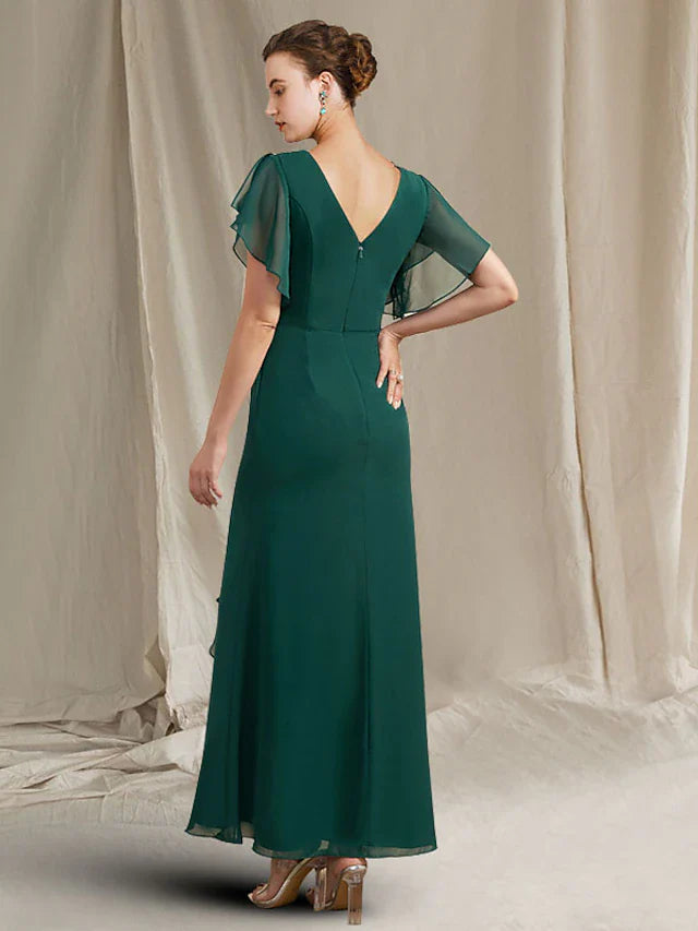 A-Line Mother of the Bride Dress Plus Size Elegant Jewel Neck Ankle Length Chiffon Short Sleeve with Crystals Side-Draped