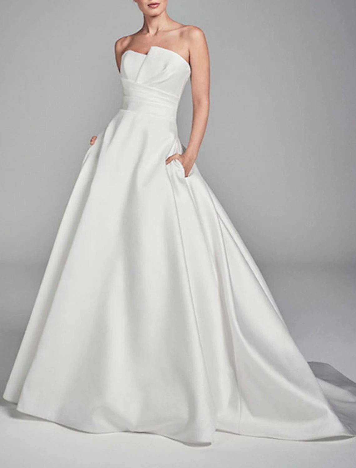 Engagement Casual Wedding Dresses A-Line Sweetheart Strapless Sweep / Brush Train Satin Bridal Gowns With Ruched