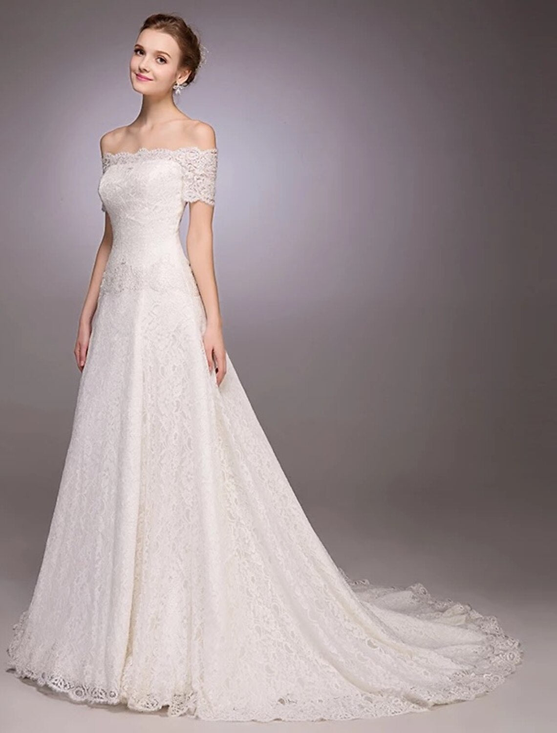 A-Line Wedding Dresses Court Train All Over Lace Illusion Detail with Lace