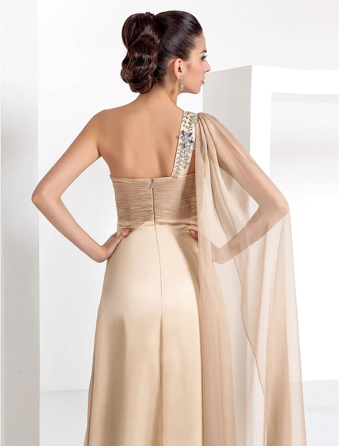 DingjiSheath / Column Elegant Formal Evening Black Tie Gala Dress One Shoulder Sleeveless Floor Length Chiffon with Criss Cross Crystals