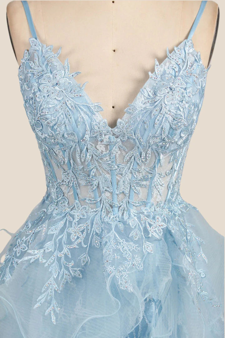 Light Blue Straps Appliques Tiered Ruffles Princess Prom Dress