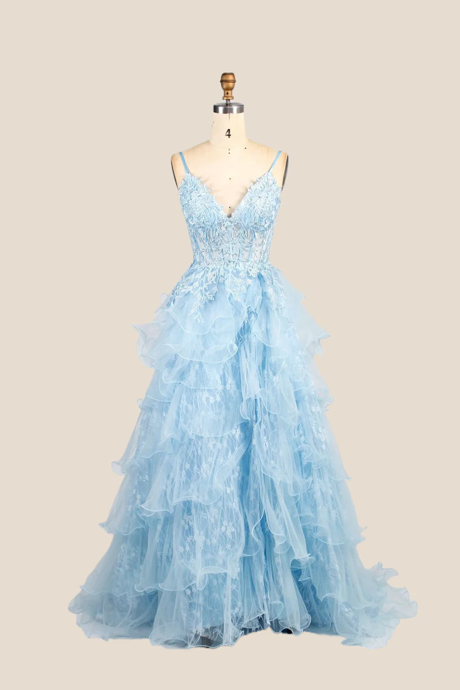 Light Blue Straps Appliques Tiered Ruffles Princess Prom Dress