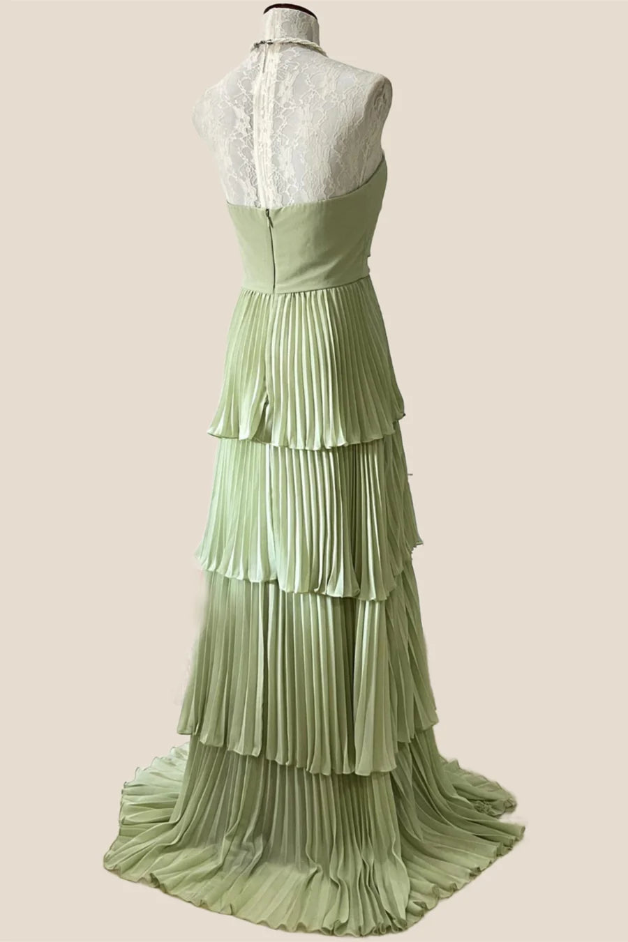Sage Green Chiffon Pleated Chiffon Tiered Prom Dress