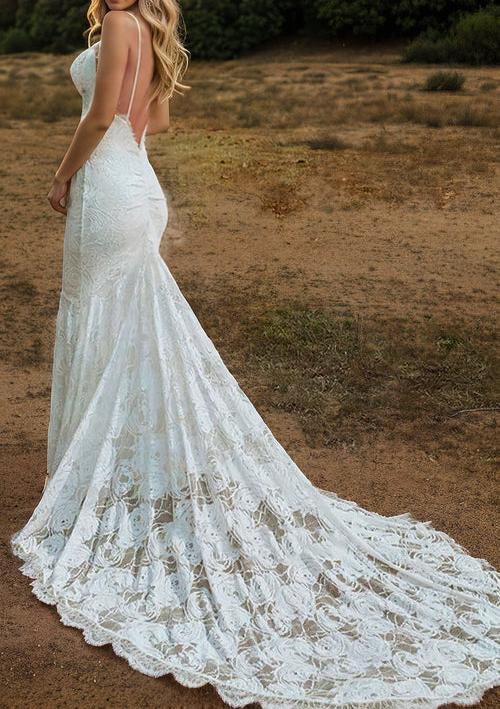 V-neck Mermaid Vintage Lace Flowers Sexy Backless Wedding Dress with Train