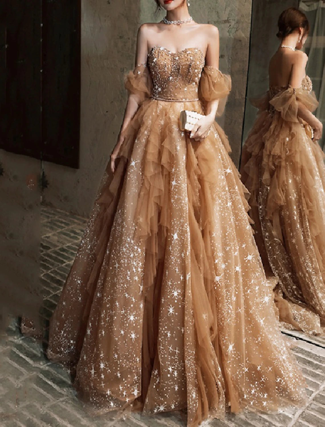 A-Line Elegant Sparkle & Shine Prom Formal Evening Dress Off Shoulder Short Sleeve Court Train Tulle with Beading Sequin