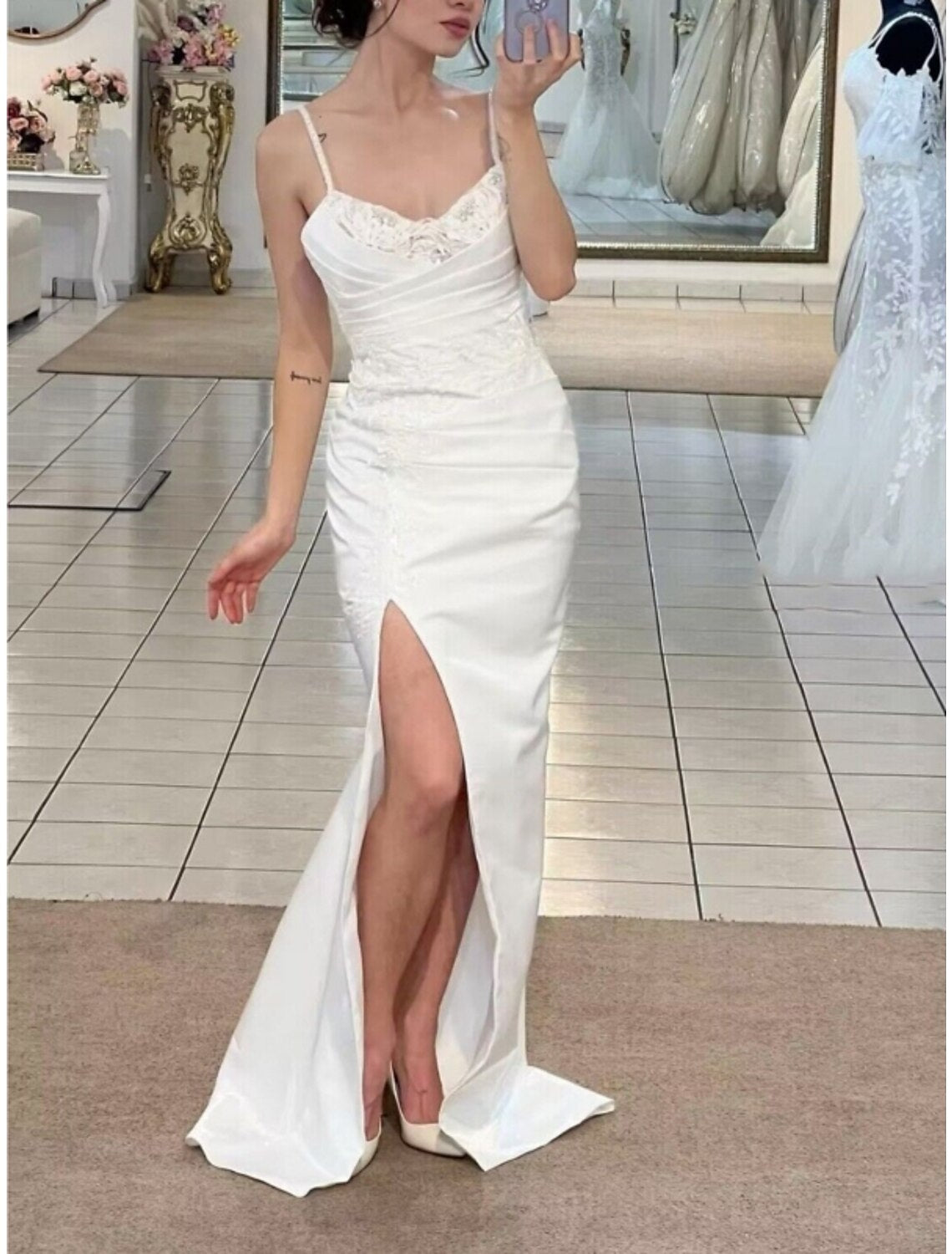 Formal Wedding Dresses Two Piece Camisole Sleeveless Court Train Satin Bridal Gowns With Ruched Split Front