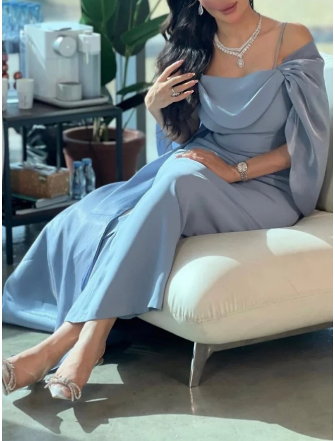 Sheath / Column Evening Gown Elegant Cape Dress Formal Ankle Length Half Sleeve Spaghetti Strap Chiffon with Pleats Ruched