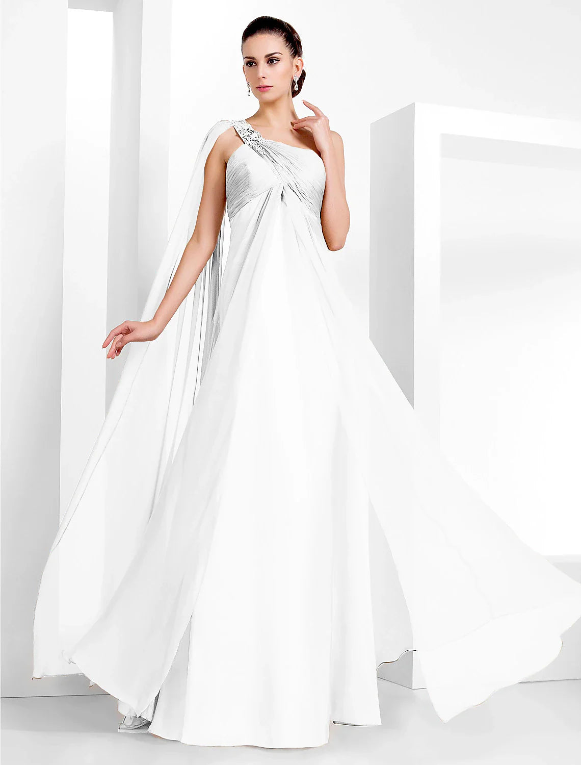 DingjiSheath / Column Elegant Formal Evening Black Tie Gala Dress One Shoulder Sleeveless Floor Length Chiffon with Criss Cross Crystals