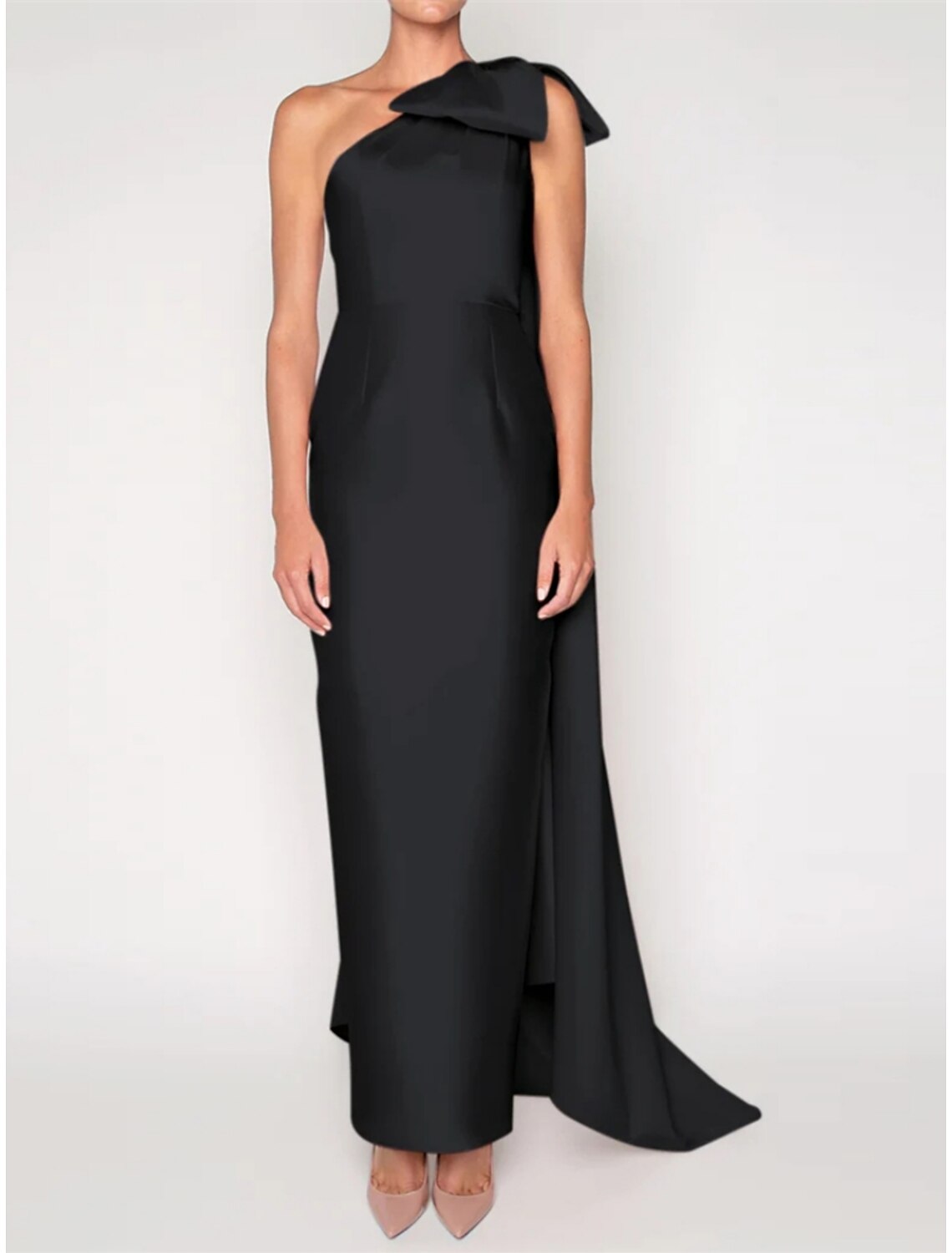 Sheath Satin Evening Gown Elegant Red Green Dress Dress Formal Sweep / Brush Train Sleeveless One Shoulder with Shouder Flower