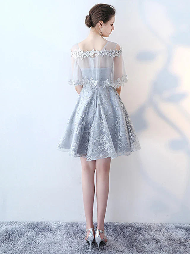 DingjiA-Line Minimalist Elegant Party Wear Cocktail Party Dress Jewel Neck Half Sleeve Short / Mini Tulle with Lace Insert Pattern / Print