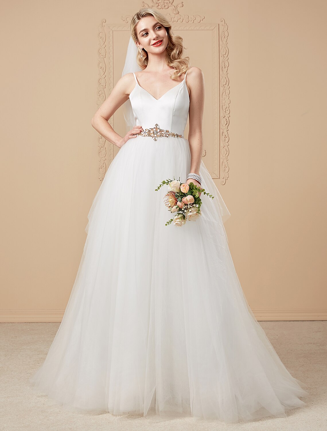 Ball Gown V Neck Court Train Satin / Tulle Made-To-Measure Wedding Dresses with Beading / Crystals by / Open Back