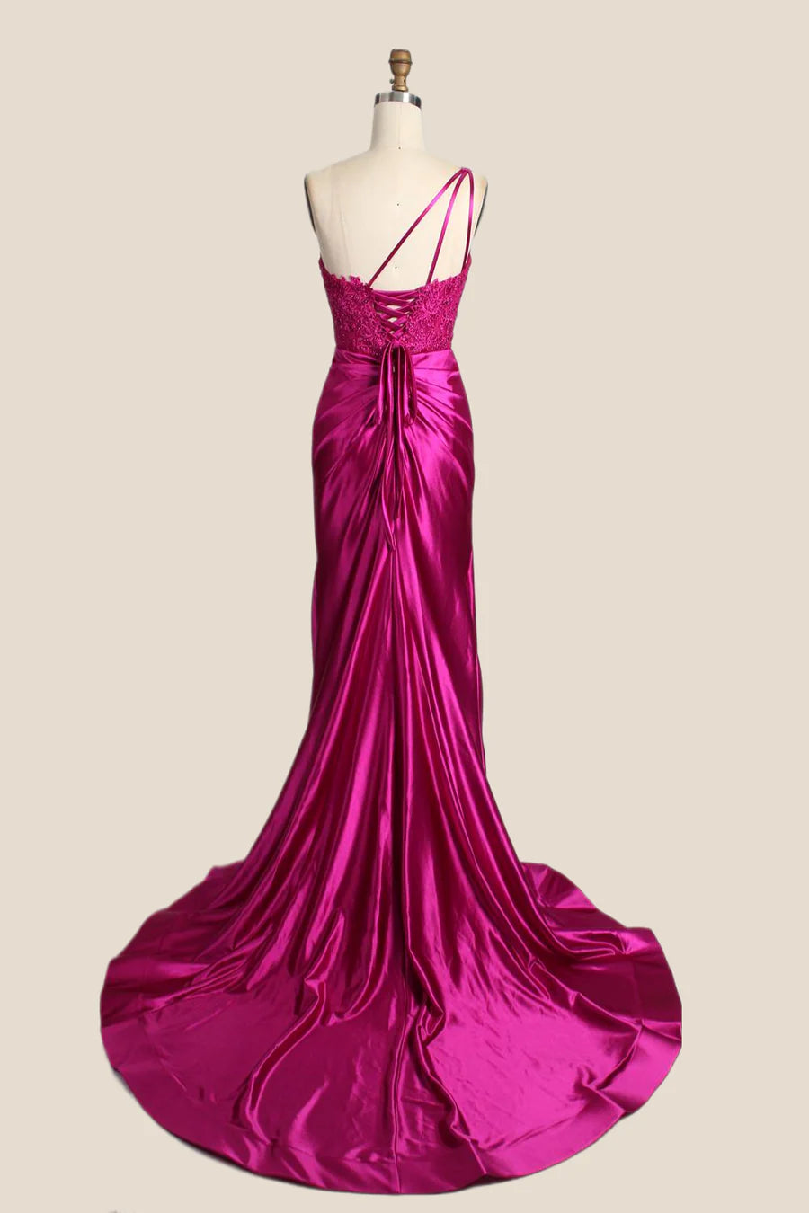 One Shoulder Fuchsia Appliques Ruched Mermaid Prom Dress ﻿