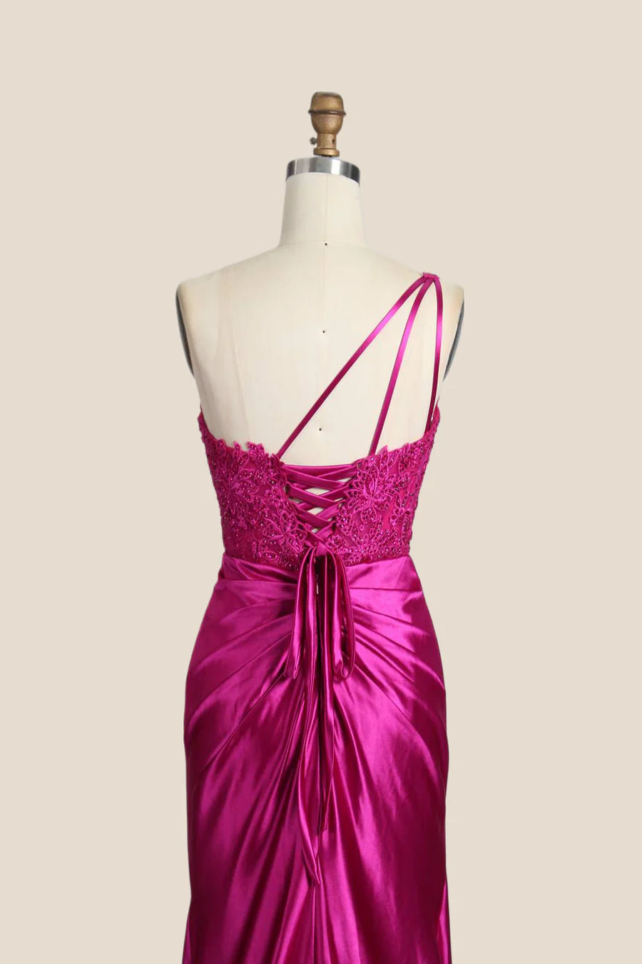 One Shoulder Fuchsia Appliques Ruched Mermaid Prom Dress ﻿
