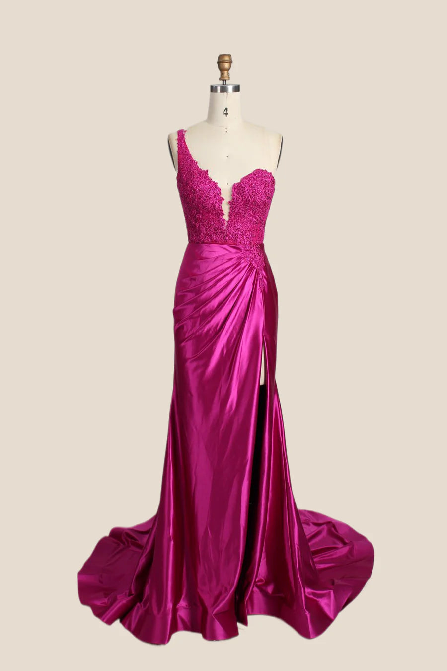 One Shoulder Fuchsia Appliques Ruched Mermaid Prom Dress ﻿