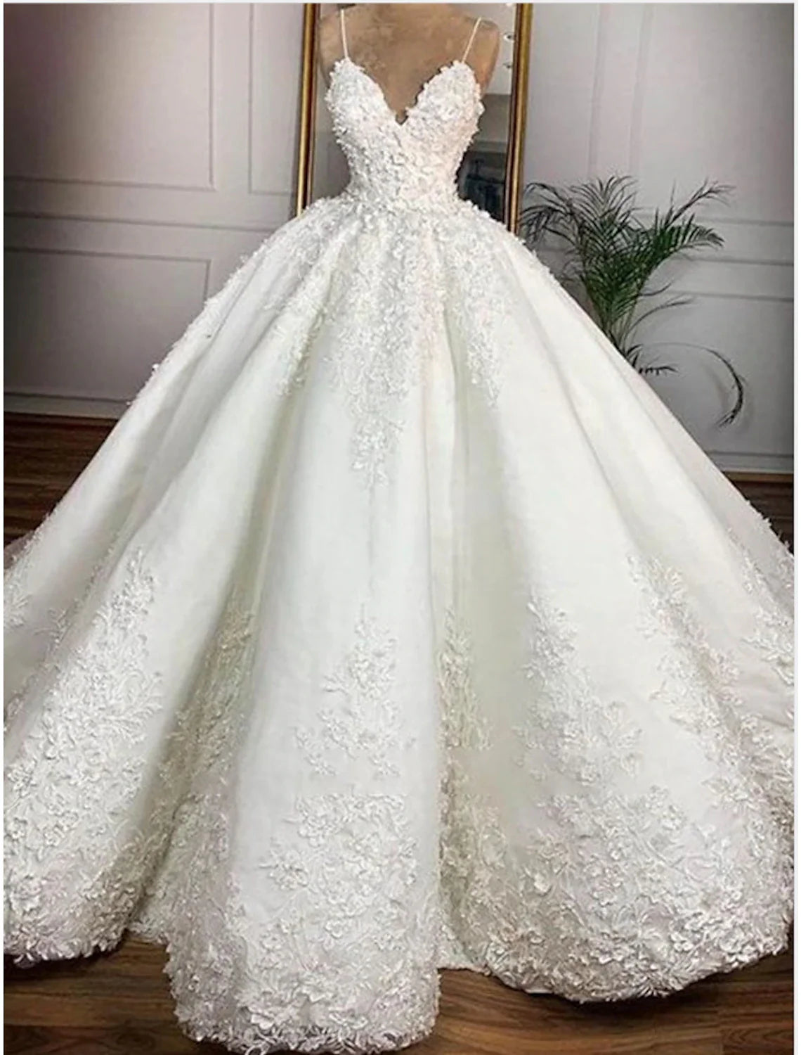 Dingji Engagement Formal Wedding Dresses Ball Gown Sweetheart Camisole Spaghetti Strap Floor Length Satin Bridal Gowns With Appliques