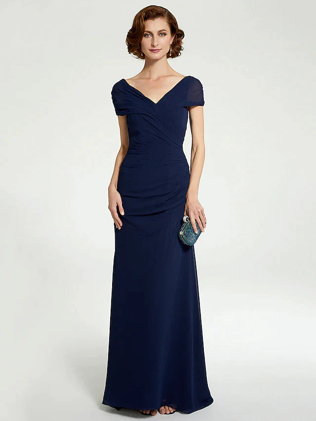 A-Line Mother of the Bride Dress V Neck Floor Length Chiffon Sleeveless with Lace Ruching