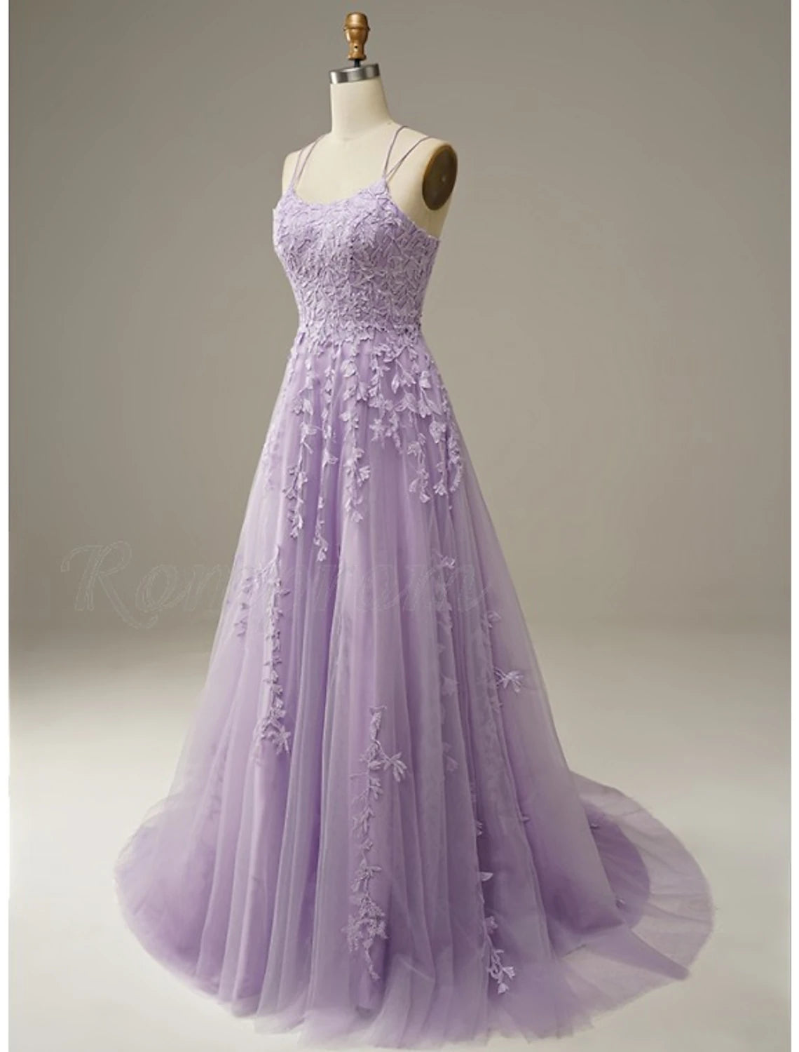 A-Line Prom Dresses Floral Dress Formal Chapel Train Sleeveless Spaghetti Strap Tulle with Appliques
