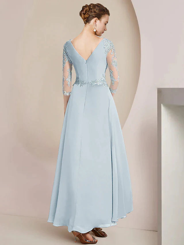 DingjiA-Line Mother of the Bride Dress Party Elegant V Neck Asymmetrical Lace Stretch Chiffon 3/4 Length Sleeve with Pleats Ruching