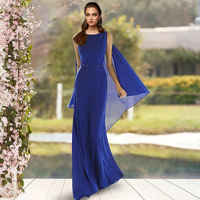 Sheath / Column Mother of the Bride Dress Elegant Jewel Neck Sweep / Brush Train Chiffon Sleeveless with Sash / Ribbon Side-Draped