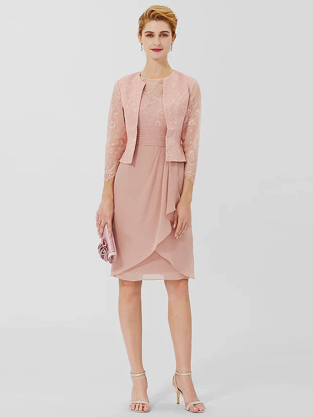 Sheath / Column Mother of the Bride Dress Formal Classic & Timeless Elegant & Luxurious Convertible Dress Jewel Neck Knee Length Chiffon Sheer Lace 3/4 Length Sleeve with Sash / Ribbon