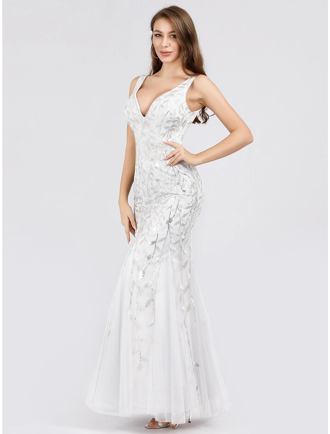 Mermaid / Trumpet Sparkle Sexy Prom Formal Evening Valentine's Day Dress V Neck V Back Sleeveless Floor Length Tulle with Sequin Appliques