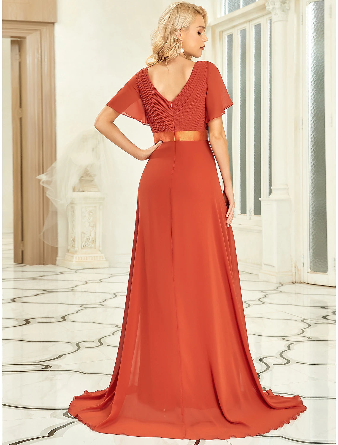 A-Line Empire Fall Wedding Guest Dress For Bridesmaid Plus Size Formal Evening Dress V Neck Short Sleeve Floor Length Chiffon with Pleats Ruched