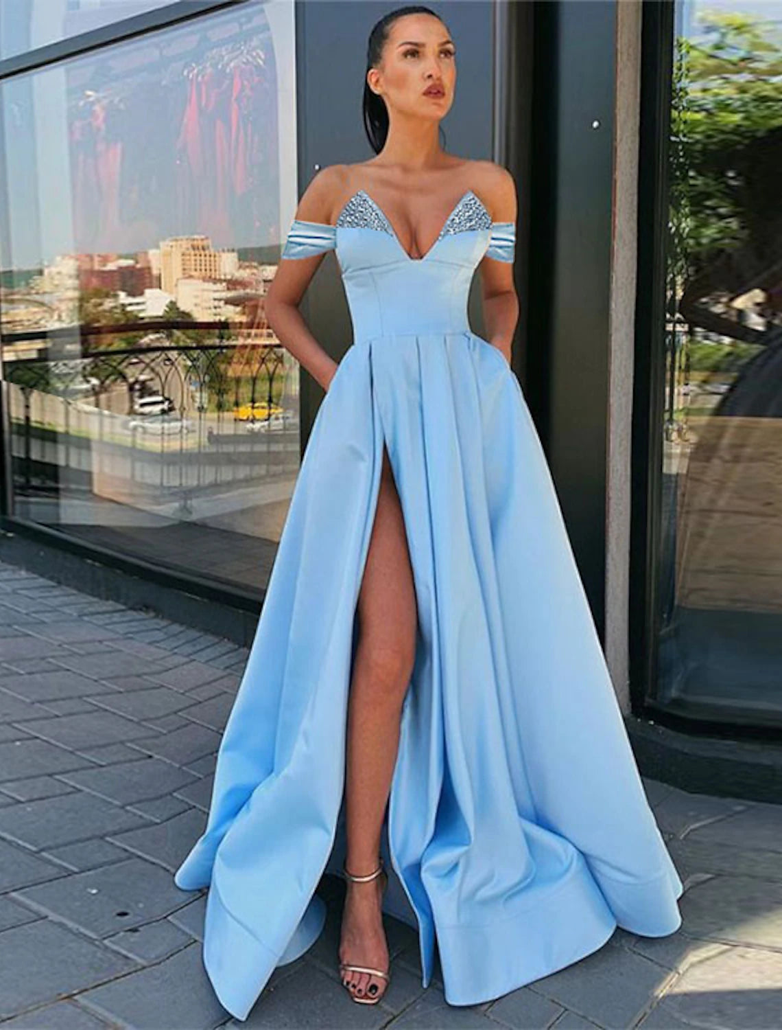 A-Line Evening Gown Sexy Dress Wedding Guest Prom Floor Length Short Sleeve V Neck Satin with Beading Slit