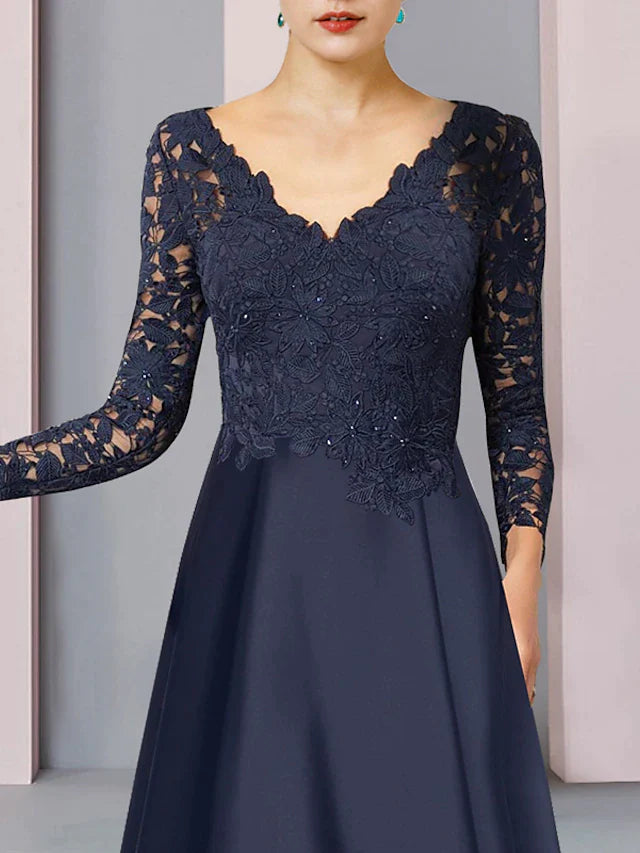 DingjiA-Line Mother of the Bride Dress Formal Wedding Guest Elegant High Low V Neck Asymmetrical Tea Length Satin Lace Long Sleeve with Pleats Appliques