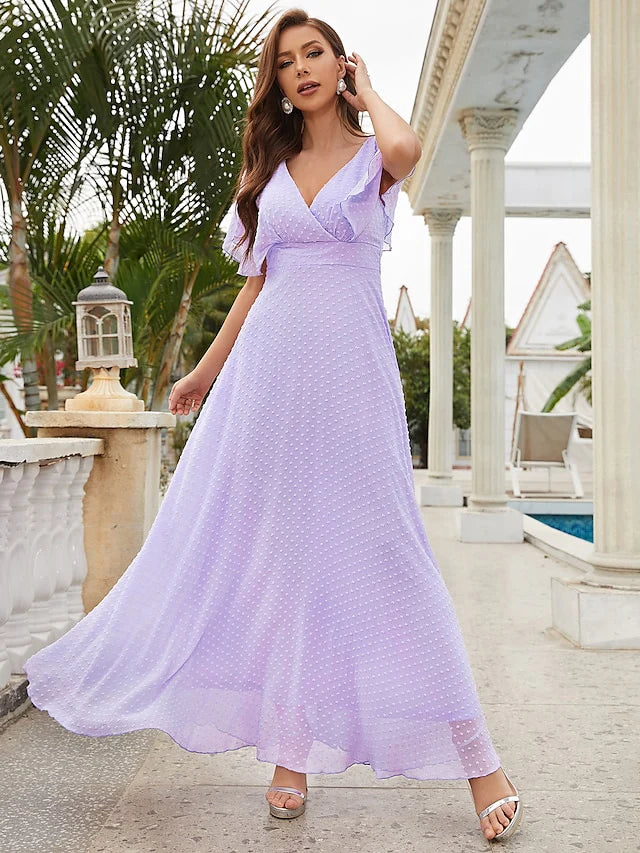 DingjiA-Line Wedding Guest Dresses Elegant Dress Party Wear Ankle Length Short Sleeve V Neck Chiffon with Ruffles Strappy